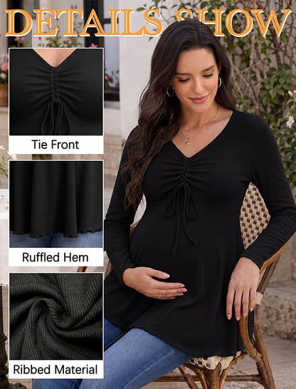 Genhoo Womens Long Sleeve Maternity Tops Ribbed V Neck Maternity Shirts - color: Black, size: Medium
