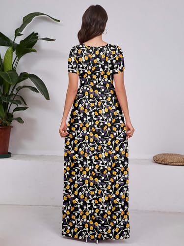 DEARCASE Maxi Dress for Women Short Sleeve Casual Summer Loose Plain Comfy Long Dresses with Pockets - color: 1-black Blue Yellow Papaver Rhoeas, size: XX-Large