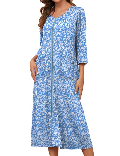 Bloggerlove Women's Zipper Robe with Pockets, Long Housecoat for Women - color: Blue Flower, size: Medium