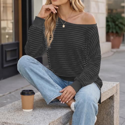 Fall Tops for Women 2026 off Shoulder Striped Top Long Sleeve Pullover Tops - color: Khaki, size: Small