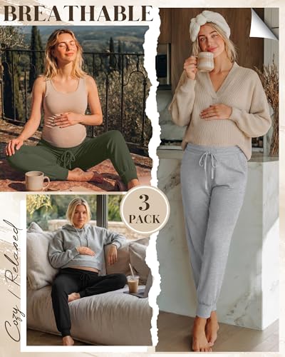 3 Pack Women Maternity Pants Pregnancy Lounge Jogger - color: Army Green, Light Gray, Black, size: Small