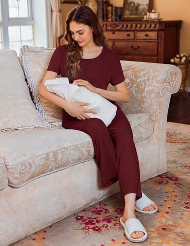 Ekouaer 3 PCS Maternity Nursing Pajamas Set Postpartum Breastfeeding PJS - color: Wine Red, size: Medium
