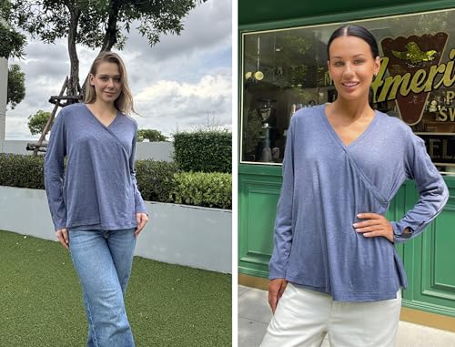 Deyeek Women's Post Shoulder Surgery Shirts Long Sleeve V-Neck Wrap Chemo Blouse Easy Access Adaptive Snap On Dialysis Shirts - color: Navy Blue, size: Large