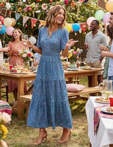 ZESICA Women's 2026 Summer Floral Boho A Line Maxi Dresses - color: Peacockblue, size: Large