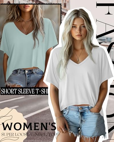 Huukeay 3 Pack Women's Oversized V Neck T Shirts - color: Berry, White, Aqua, size: Small