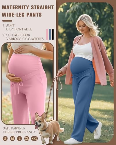 Oakgarden 3 Pack Women's Maternity Pants Over Belly - color: Black, Denim Blue, Pink, size: Medium