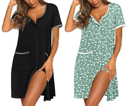 Ekouaer 2 Pack Nightgowns for Women Button Down Houese Dress with Pockets - color: Black/Green Dandelion, size: Medium