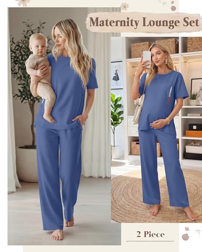 2Pc Postpartum Nursing Pajamas Set - color: Dark Blue, size: Medium