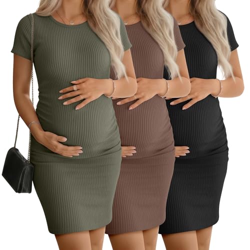 3 Pack Women's Cotton Maternity Dresses - color: Army Green, Coffee, Black, size: XX-Large