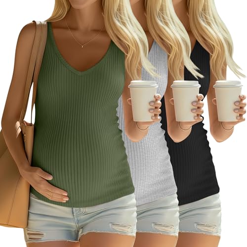 3 Pack Maternity Tank Tops Ribbed V Neck - color: Army Green, Light Gray, Black, size: XX-Large
