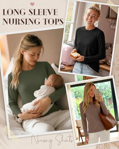 3 Pack Women's Nursing Tops Breastfeeding Shirts Fall - color: Army Green, Coffee, Black, size: Small
