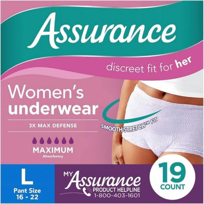 Assurance Women’s Disposable Incontinence & Postpartum Underwear – Large, Maximum Absorbency, 19 Count TM-0027