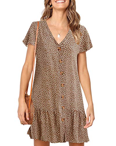 Imysty Womens Summer Polka Dot V Neck Button Down Loose Mini Dress - color: Khaki, size: Medium