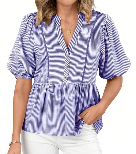 dowerme Women Lantern Sleeve Button Up Stripes Babydoll Tops - color: Dark Blue, size: Medium