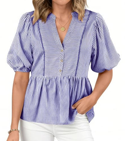dowerme Women Lantern Sleeve Button Up Stripes Babydoll Tops - color: Dark Blue, size: Large