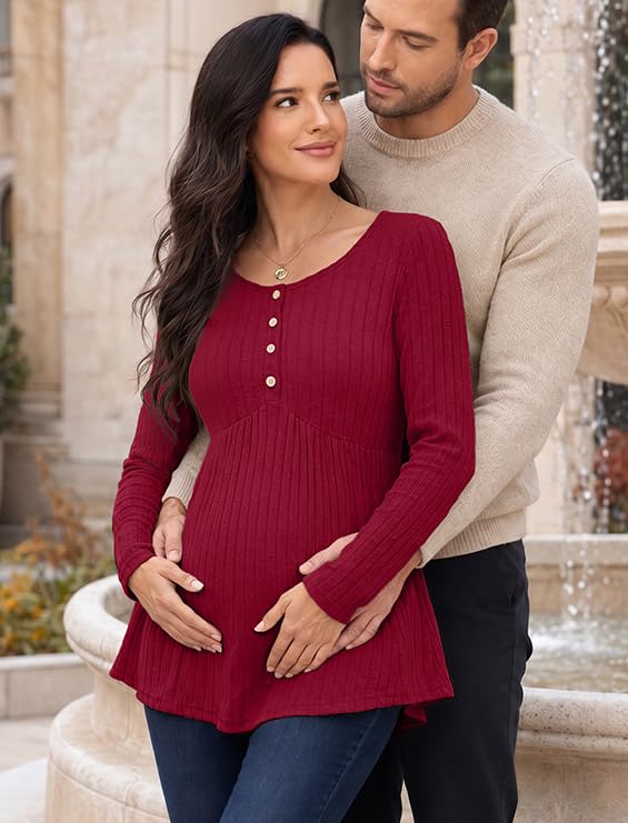 Genhoo Womens Maternity Tops Long Sleeve Maternity Shirts Henley Clothes - color: Wine Red, size: Large