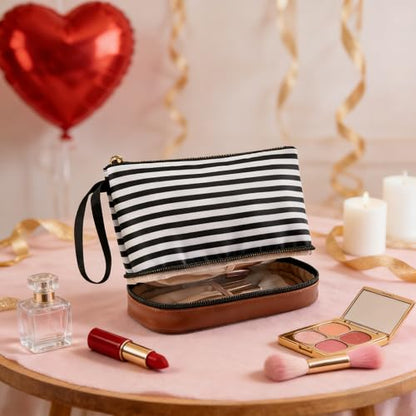 Small Makeup Bag 2 Layers Travel Cosmetic Bag with Makeup Brush Compartment - color: 04-stripe
