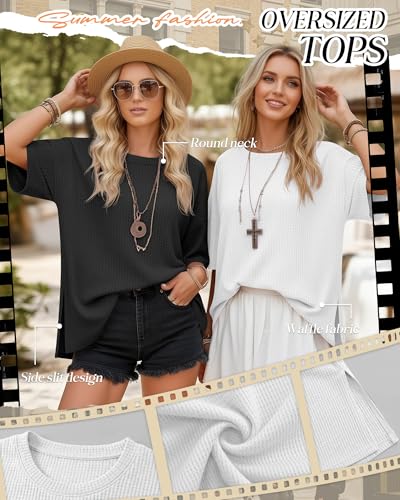 3 Pack Womens Oversized Waffle Knit Tops - color: Black, Gray, White, size: XX-Large