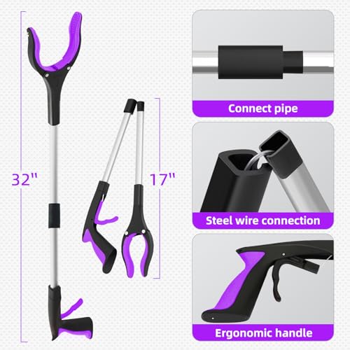 2Pcs 32" Foldable Grabber Reacher Tool for Seniors Purple - color: Purple