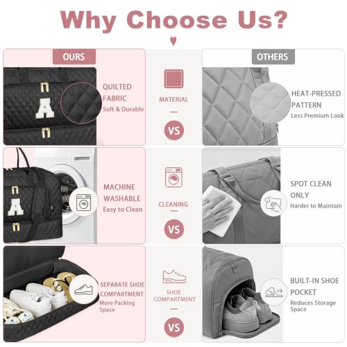 TIBES Birthday Graduation Gift for Her, Initial Weekender Bag for Women 45L - color: Black Diamond Quilted, style: L
