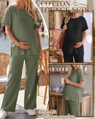 Ficerd 4 Pcs 100% Cotton Muslin Maternity Pajamas Lounge Sets - color: Army Green, Black, size: Large