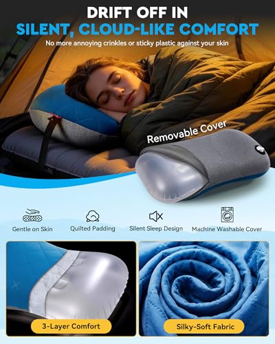 Hikenture Camping Pillow with Removable Cover, Ultralight Inflatable Pillow - color: Blue