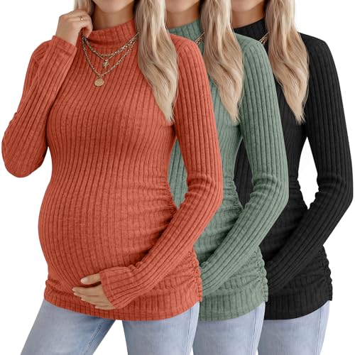 Neer 3 Pack Women's Maternity Mock Turtleneck Long Sleeve Tops - color: Caramel, Green, Black, size: Medium