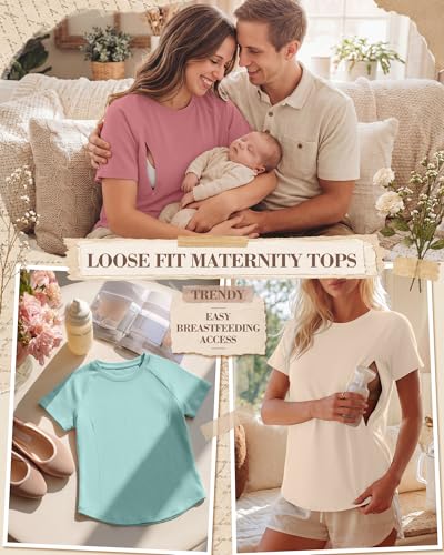 3 Pack Womens Nursing Tops - color: Aqua Blue, Pink, Cream, size: XX-Large