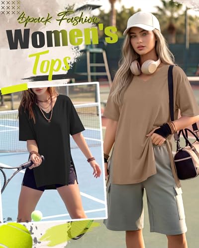 4 Pack Women's Oversized V Neck Shirts - color: Black, Light Heather Gray, Army Green, Coffee, size: Small