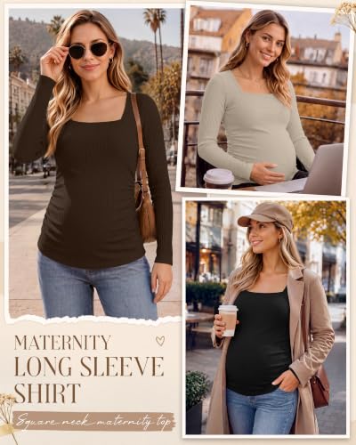 Huukeay 4 Pack Women's Maternity Shirts Ribbed Pregnancy Tops - color: Black, Brown, Light Khaki, Dark Gray, size: Small