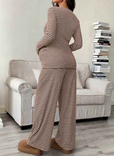 BLENCOT Maternity 2 Piece Outfits Striped Long Sleeve Pregnancy Set - color: Brown, size: Large