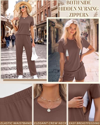 3 Piece Postpartum Nursing Pajamas Set Nursing Lounge Set - color: Coffee, size: Small