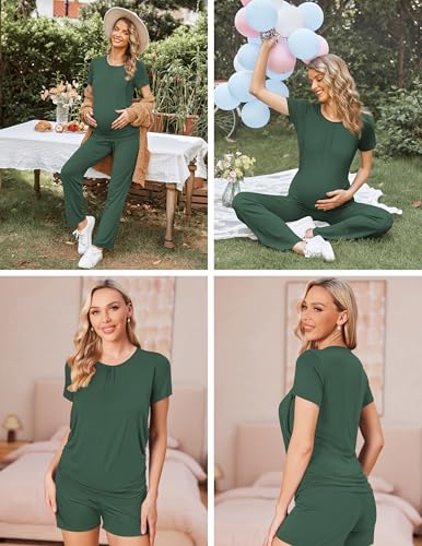 Ekouaer Maternity Nursing Pajamas Set 3 Piece Postpartum Breastfeeding Pjs - color: Dark Green, size: XX-Large