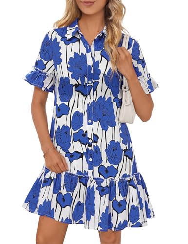 MEROKEETY Women's Summer Casual Tshirt Dress Button Down Shift Mini Dresses - color: Floral Blue, size: Small