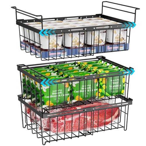 iSPECLE Deep Freezer Organizer Bins for 10 to 20 Cu.Ft, 3 Pack Stackable & Hanging Baskets, Expandable Metal Wire Storage System, Fits 17.5"-22.6" Width, Chest Freezer Only, Black - style: 3 Pcs-Black