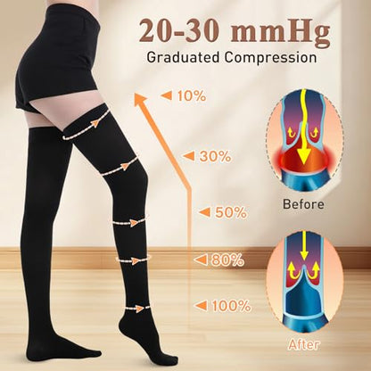 Medical Compression Stockings, 20-30 mmHg Thigh High Support Socks - color: Black, size: Large
