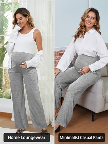 Ecavus 3Pack Womens Maternity Pants Wide Leg Lounge Palazzo Pregnancy Pants - color: Black+dark Grey+grey, size: X-Large