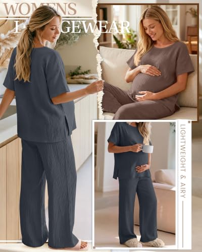 Ficerd 4 Pcs 100% Cotton Muslin Maternity Pajamas Lounge Sets - color: Dark Blue, Light Brown, size: XX-Large