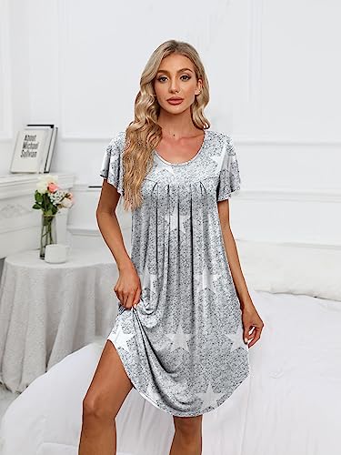 Womens Pleated Front Loose Fit Short Sleeve Nightgowns Sleep Dress - color: A Star, size: Medium