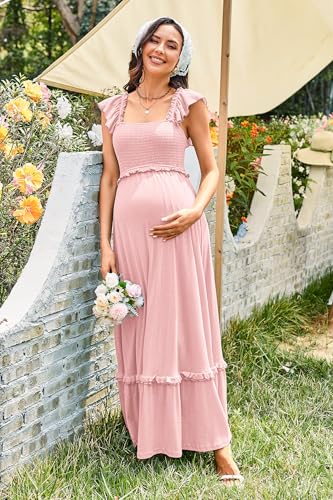 OUGES Women's Ruffle Sleeve Summer Baby Shower Maternity Photoshoot Dress - color: Pink, size: Large
