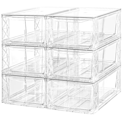 6 Pack Acrylic Storage Drawers, Clear Stackable Storage Drawers, Acrylic Organizers Drawers for Under Sink, Pantry, Bathroom, Makeup Organizers Cosmetic Display,Classroom Storage Organization, Medium - size: Medium