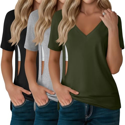 3 Pack Women's Nursing Tops Breastfeeding Shirts - color: Black, Light Heather Gray, Army Green, size: Large