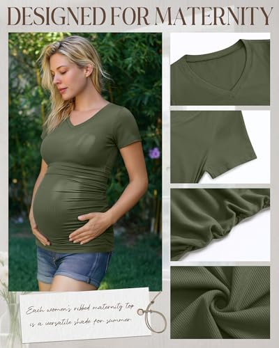 Neer 4 Pack Women's Maternity Shirts Short Sleeve - color: Black, Light Heather Gray, Light Coffee, Army Green, size: Large