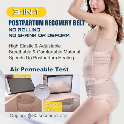 ChongErfei 3 in 1 Postpartum Belly Wrap Recovery Band Belt Abdominal Binder - color: Beige, size: S/M