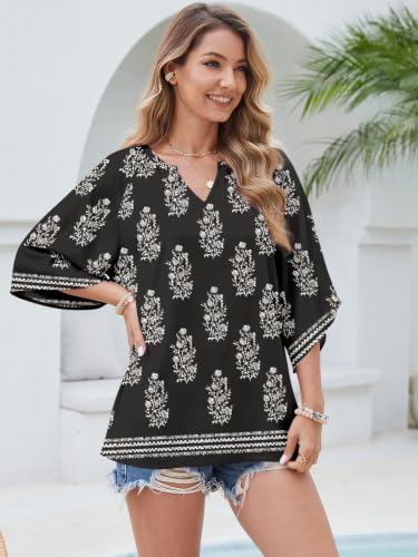 Poetsky Womens Boho Tops V Neck 3/4 Sleeve Blouses Loose Fit Tunic Shirts - color: Black, size: Medium