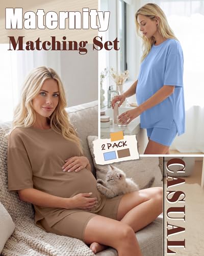 Huukeay 2 Pack Women Maternity Set Pregnancy Outfits - color: Sky Blue, Light Brown, size: Small