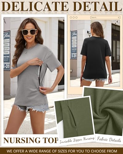 Riyiper 3 Pack Women's Nursing Short Sleeve Shirts - color: Army Green, Light Gray, Black, size: Small