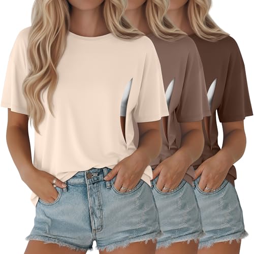 Riyiper 3 Pack Women's Nursing Short Sleeve Shirts - color: Beige, Camel, Coffee, size: Medium