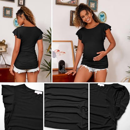 Bhome Maternity Tops Flying Shorts Sleeve Tshirt Side Ruched Pregnant Blouse Casual Pregnancy Tunic - color: Black, size: Medium