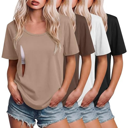 Ficerd 4 Pack Women's Maternity Nursing Shirts - color: Khaki, Brown, White, Black, size: XX-Large